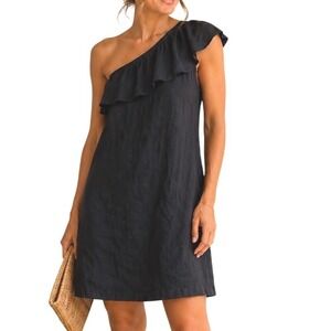 J.Crew Women Black One Shoulder Ruffle Mini Dress Large Linen Cotton Blend Lined